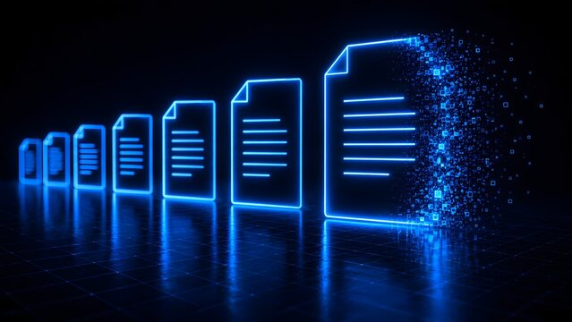 Digital document transformation and data compression concept showing a glowing electronic file dissolving into pixels and binary particles