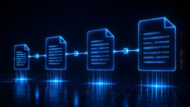 Digital transformation sequence showing holographic document icons with data streams representing cloud migration information flow and smart contracts