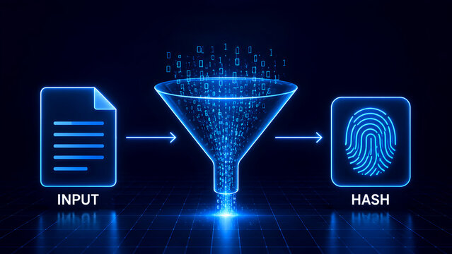 Hashing cryptography process showing digital document input transforming through binary funnel into secure fingerprint identity hash