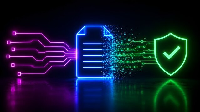 Secure document processing workflow showing encrypted circuit data transforming a digital file into a verified cybersecurity shield