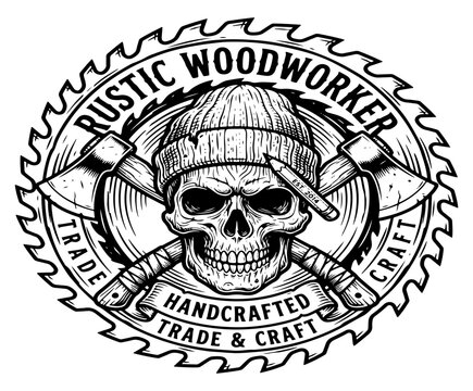 Vintage circular badge featuring a woodworking skull wearing a beanie and crossed axes circular emblem saw blade handcrafted craft retro logo woodworker label black and white line art engraved