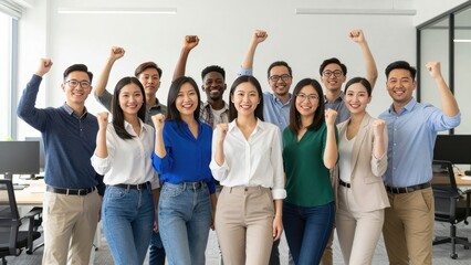 Obraz premium Diverse group of happy multiethnic professional business colleagues celebrating success and raising hands in a modern bright open plan office setting with natural sunlight