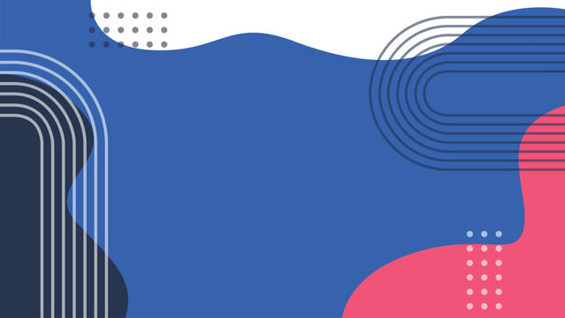 Abstract memphis background with blue and pink fluid shapes, geometric arch lines, dots, and central copy space illustration for business presentation banner.