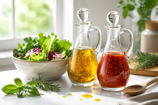 Glass cruets with salad dressing beside bowl of mixed salad leaves, healthy food and cooking concept