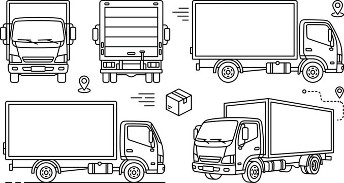 Delivery truck views line art vector set with front back side perspective angles cardboard box and location pins