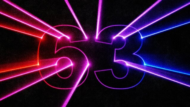 Neon laser number 63 with glowing light beams on dark background