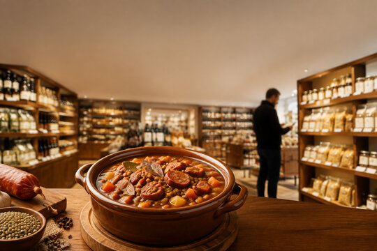Ceramic pot of sausage lentil stew on display table with shopper silhouette, efficient retail food concept