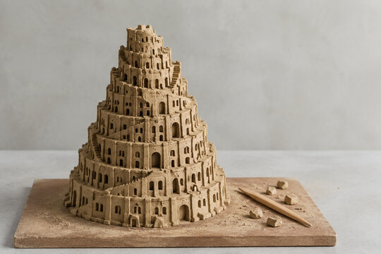Miniature Tower of Babel clay sculpture on wooden board with shaping stick, educational craft concept