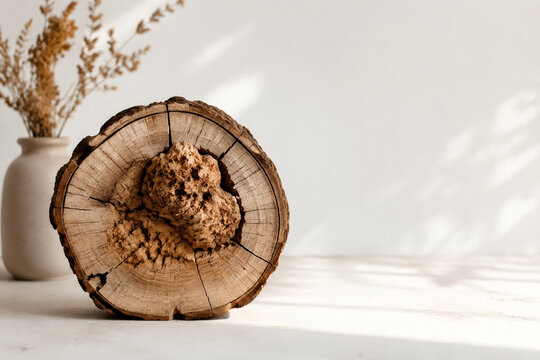 Tree trunk cross section with large burl and cracked rings, organic home decor concept