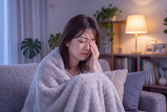 寝不足で目元を押さえてつらそうにする日本人女性