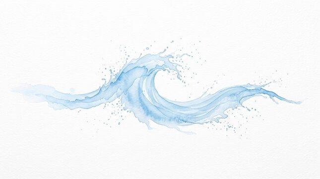 Watercolor water splash wave on white background. Blue liquid swirl with droplets. Artistic ocean wave illustration for spa and wellness branding.