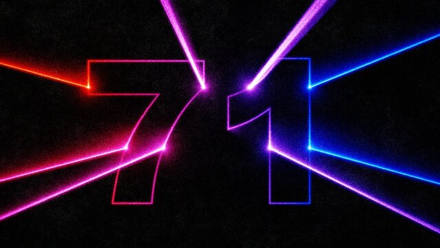Neon laser number 71 with glowing light beams on dark background