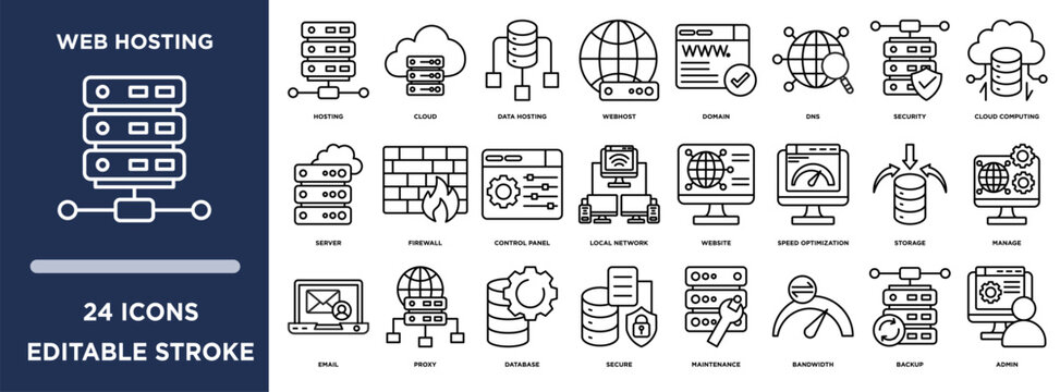 Web hosting line icons set with hosting, cloud, data hosting,domain, dns, security, cloud computing concepts. Editable stroke vector collection.