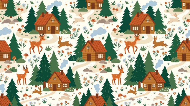 Cozy winter cabin village pattern with trees and deer.