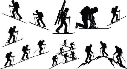 Fototapeta premium Ski Touring and Mountaineering Silhouettes Set of Climbers Skinning Uphill in Winter Mountains