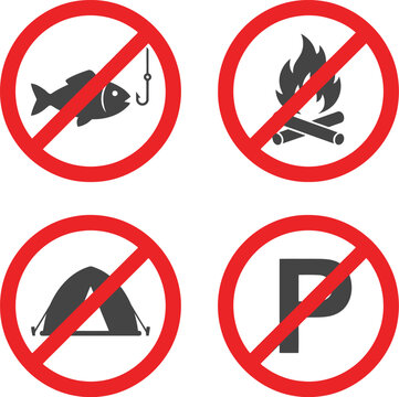 Set of four red forbidden prohibition signs for no fishing fire camping and parking