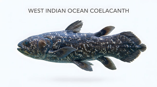 Coelacanth, a primitive fish, shown isolated against a plain backdrop. This ancient species, a living fossil, is captured in detail