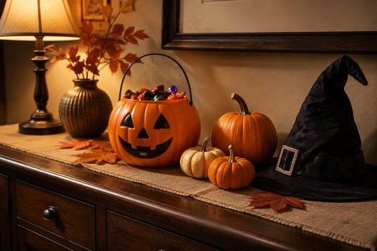 Pumpkin candy bucket with small pumpkins and witch hat on dark oak sideboard, Halloween still life concept