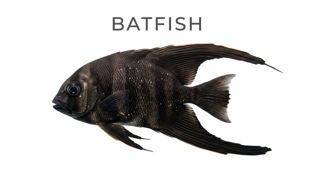 A black batfish with white speckles swims gracefully underwater. Its distinctive fins and dark coloration give it a unique appearance