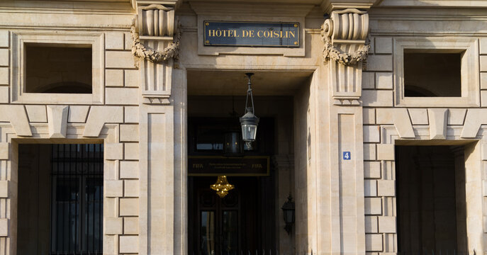 PARIS, FRANCE - SEPTEMBER 1, 2026 - Hotel de Coislin building facade showing entrance, sign, and neoclassical architecture details