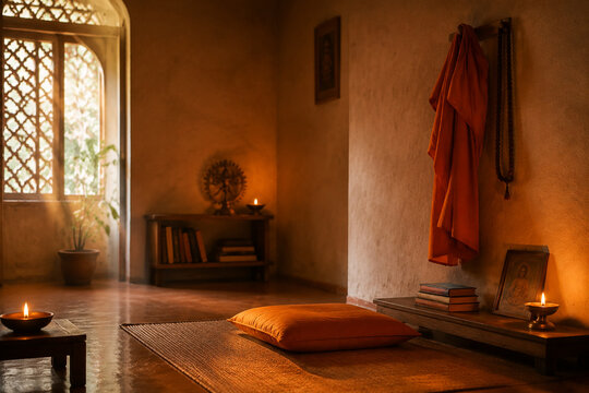 An Indian ashram room with an orange robe on the wall, lit by candlelight.
