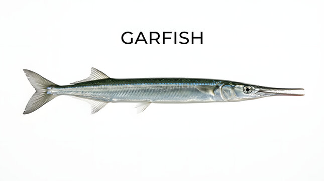 A garfish with a long, pointed snout swims in clear blue water. The fish has a sleek, silver body and large fins.