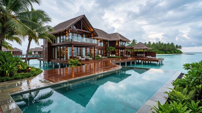 Overwater tropical luxury villa with infinity pool and palm trees