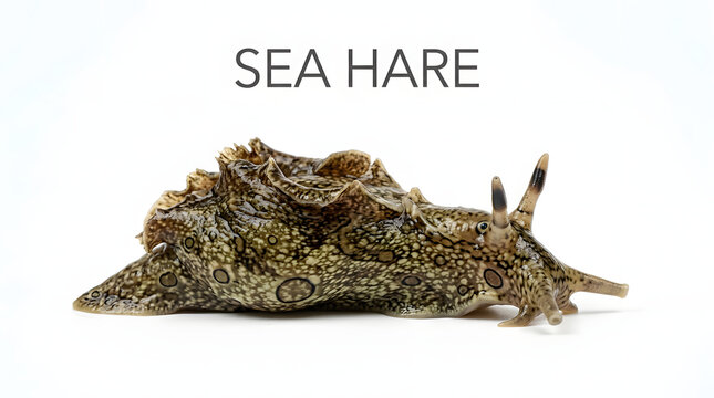 A detailed studio shot of a sea hare, a marine gastropod mollusk, showcasing its textured shell and unique appearance against a neutral backdrop