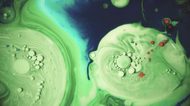 Small bubbles and dynamic swirls of color appear as droplets of orange paint spread and burst across the surface of the green liquid, creating an artistic, textured, 