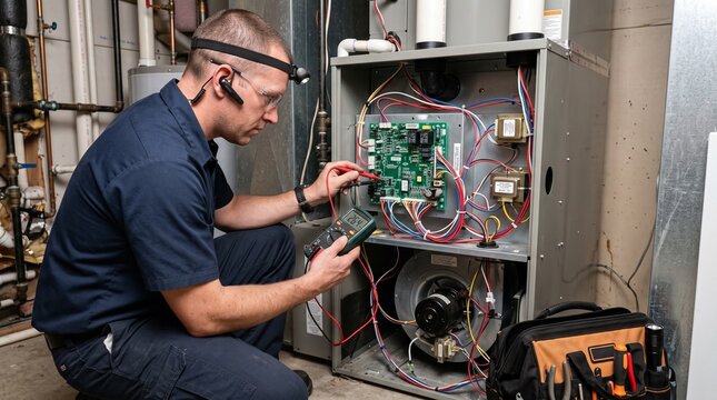 Professional HVAC Technician Inspecting Circuit Board and Electrical Components	
