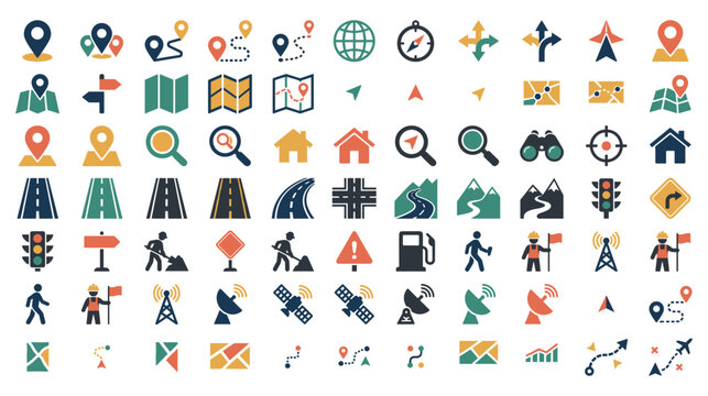 Map navigation symbols and location icons set colorful vector shapes.