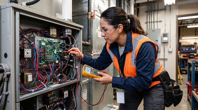 Professional HVAC Technician Inspecting Circuit Board and Electrical Components	