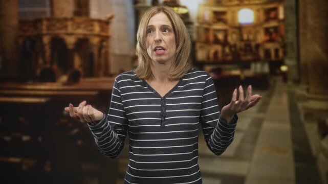 Woman with hands open gesturing while speaking, worried facial expression in a church building; concern pleading explanation.
