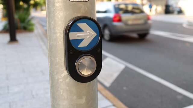 close-up of a pedestrian crossing button in a city