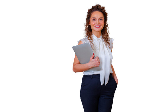 Professional woman holding laptop, smiling, representing business success, communication, and digital work with transparent background
