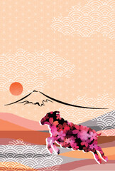 Naklejka premium 富士山と桜柄の動物が描かれた和風アートデザイン