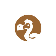 This warm brown and white vector graphic and logo design features a stylized silhouette portrait of a dodo bird framed within a solid brown circle. The creative negative-space design combines concepts © Pernah