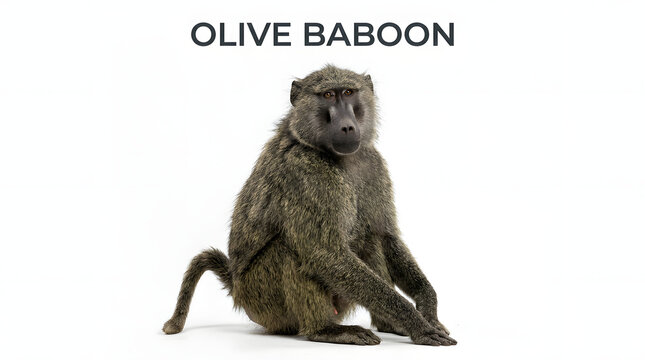Olive baboon sitting and looking at the camera with white background
