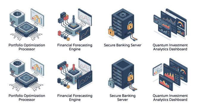 Set of isometric icons representing financial technology concepts including portfolio optimization, forecasting, secure banking, and analytics.