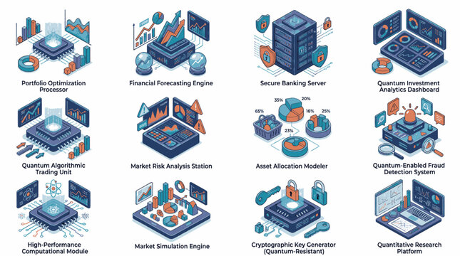 Collection of Isometric Illustrations Depicting Advanced Financial Technology and Quantum Computing Concepts.