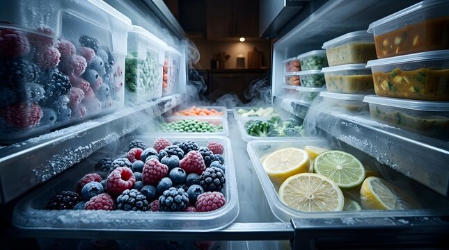 Frozen mixed berries and sliced citrus in plastic storage containers inside cold home freezer for long term preservation