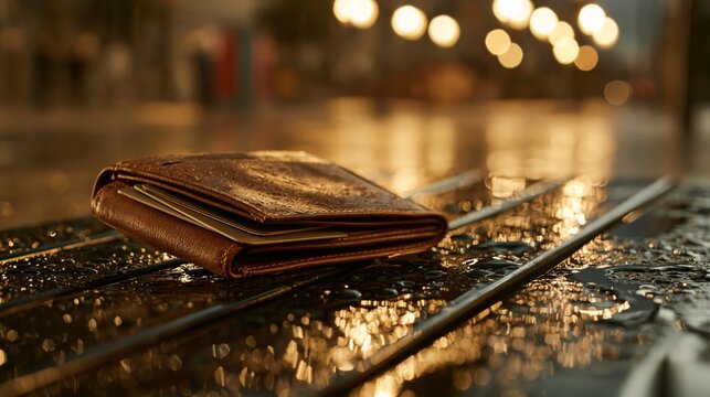 Brown leather wallet with cards on a wet surface with bokeh lights