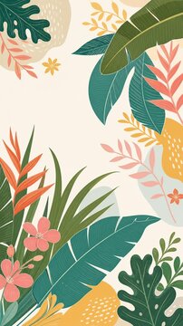Abstract Tropical Leaf Border and Floral Background