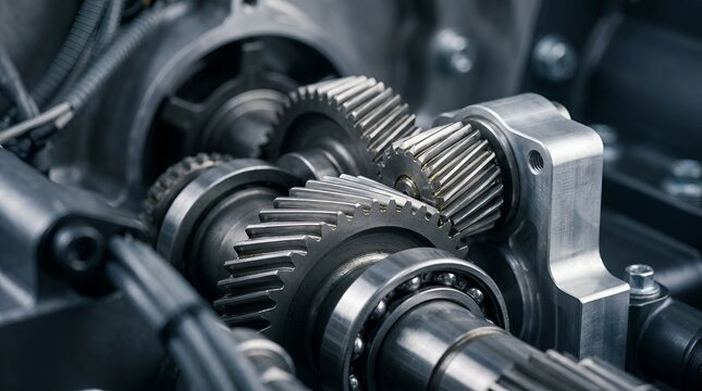 Steel metal gears and mechanical transmission parts inside a car engine