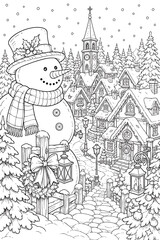 Naklejka premium Snowman over village, snowy Christmas village, snowman, Christmas village, winter village, festive village, Christmas scene, winter wonderland, snowy wonderland, holiday celebration, Christmas celebra