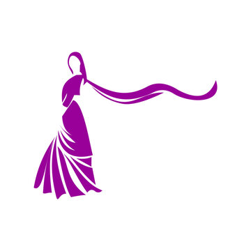 This vibrant purple vector graphic and logo design features the silhouette of an elegant woman wearing a traditional saree with a flowing pallu trailing in the wind. The graceful and cultural 