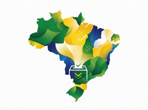Abstract graphic illustration of the map of Brazil featuring a ballot box icon, symbolizing democracy, national elections, and political voting on a white background