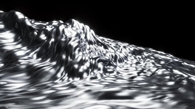 Three panels showing liquid metal waves flowing on black background on transparent background