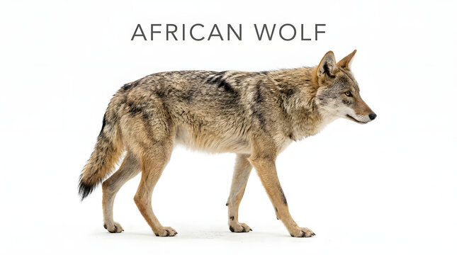 An African wolf, also known as the Cape wolf, depicted standing on a neutral backdrop. The animal has a distinctive coat and alert stance
