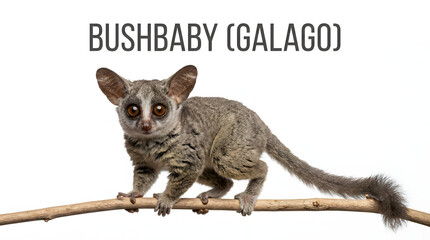 Fototapeta premium A bushbaby (galago) perched on a branch. This small, nocturnal primate has large eyes, a furry body, and a long tail